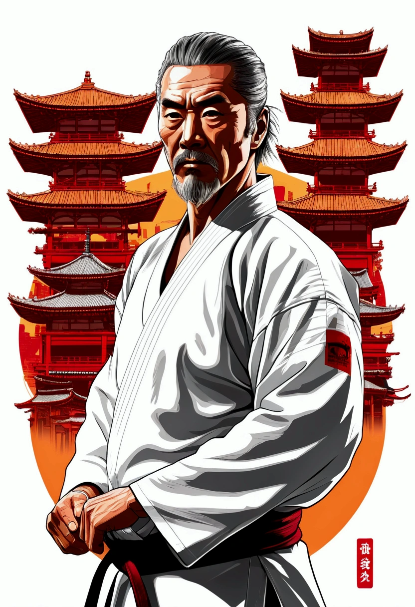 High quality design vector style image, t-shirt print style, graphic art of karate sensei, a ocidental man, , in white kimono, white background realistic colors, american old west scene in saloon, vector image. In the background, a cyberpunk detail, Tokyo with lights and colors focused on red and orange as a base tone.