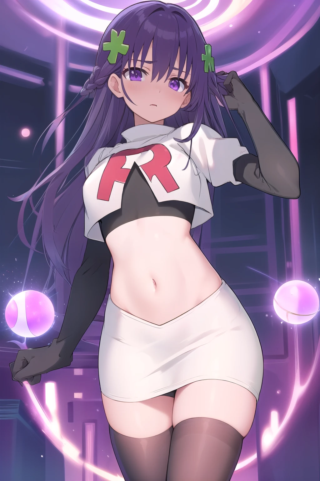 best quality, masterpiece, ElfinePhillet, purple hair, hair ornament, purple eyes, hair clover,scared, glowing magic orbs, team rocket,team rocket uniform,white skirt,red letter R,crop top,black thigh-highs,black elbow gloves