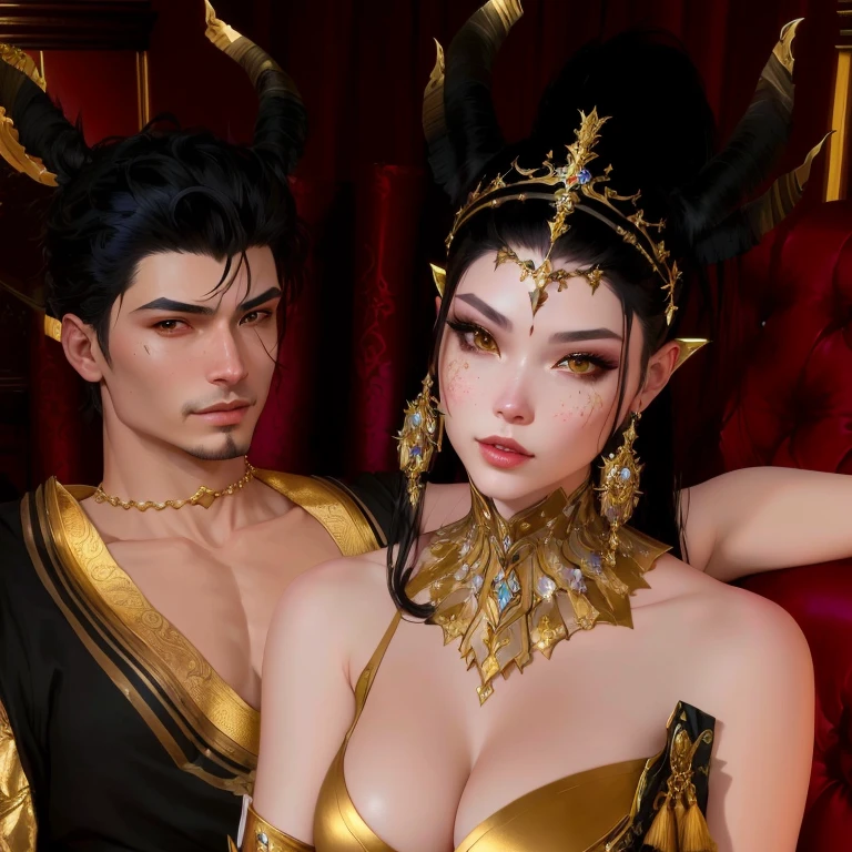 there are two people dressed in costumes posing for a picture, second life avatar, roberto ferri and ruan jia, imvu, bussiere and roberto ferri, inspired by Ren Renfa, ruan jia and brom, asya yoranova and alan lee, tyler edlin and natasha tan, wearing fantasy formal clothing, wearing gilded ribes, a beautiful fantasy empress