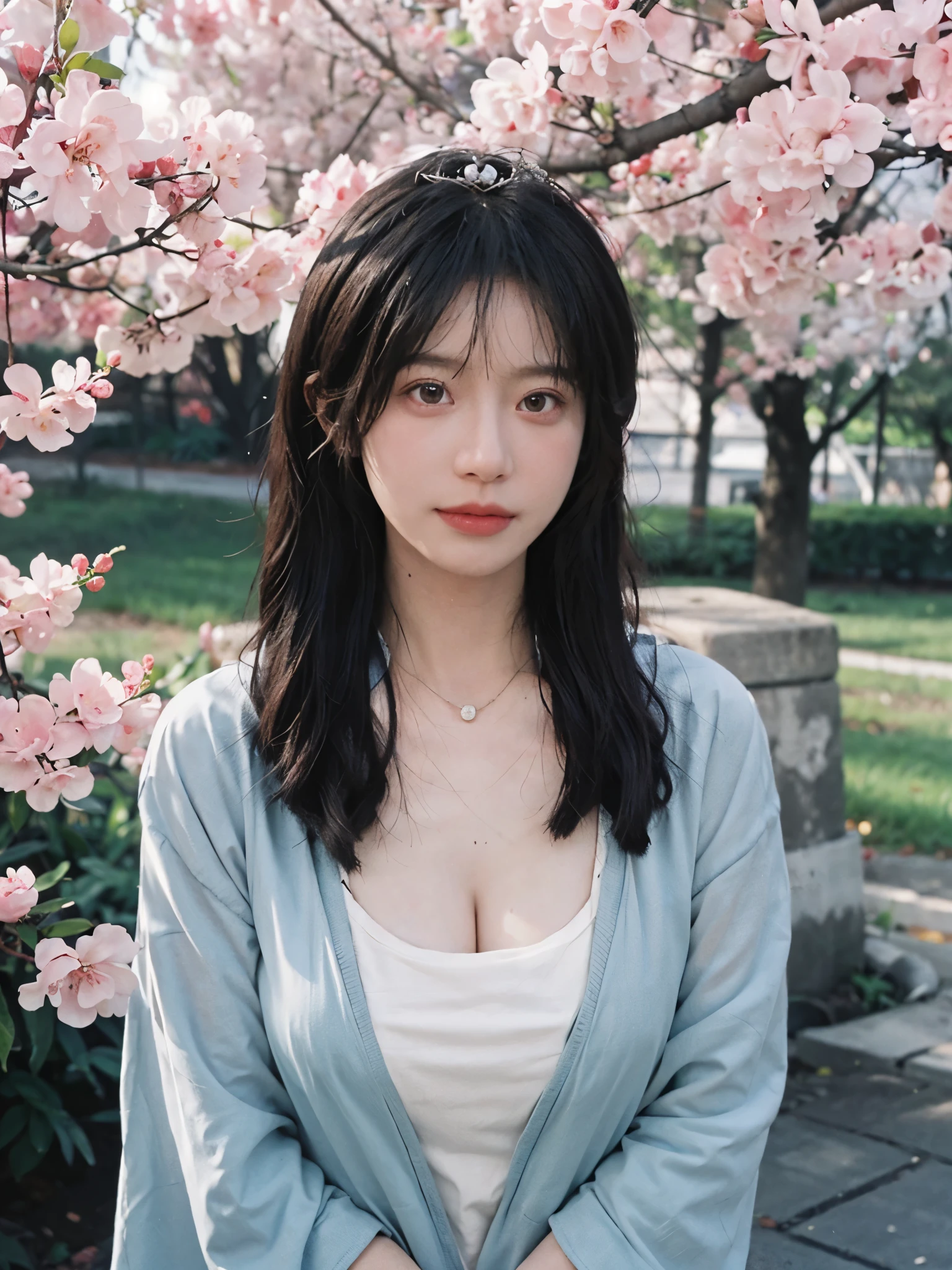 best quality, ultra high resolution, (realistically:1.4), Cute tiara,Baoyu Girl, A pair of clear and charming peach blossom eyes,Royal sister,The sun shines on the face,Double tail,(in the cherry blossom tree:1.4),(necklace:1.2),(White skin:1.4),(Full body female love:1.2)a sense of atmosphere,a beautiful girl,Looking directly at the viewer, Close-up cleavage ,(lifelike:1.4),2 girls,Sexy,(Upper body:1.4),(wet),(:1.2)