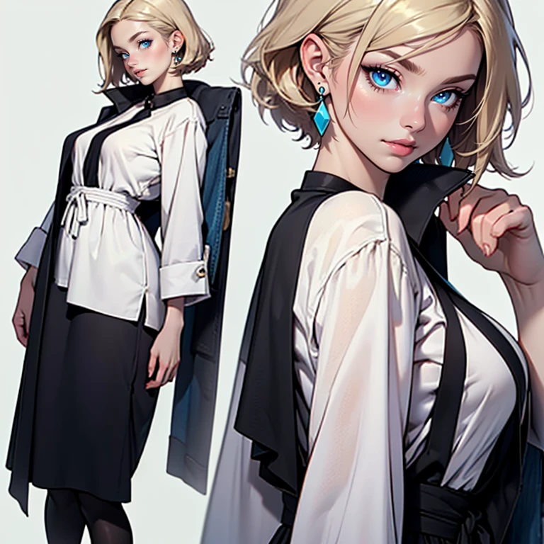 ((masterpiece)), (((best quality))), 1 female, pale white skin, very light blonde hair, medium hair, bob hair style, beautiful woman, blue eyes, simple earrings, blouse, skirt, leggings, small breasts, full body view, standing straight, detailed face, highest quality, highly detailed, original, high resolution CG Unit 8k wallpaper, (best quality, artwork, masterpiece, 4k)
