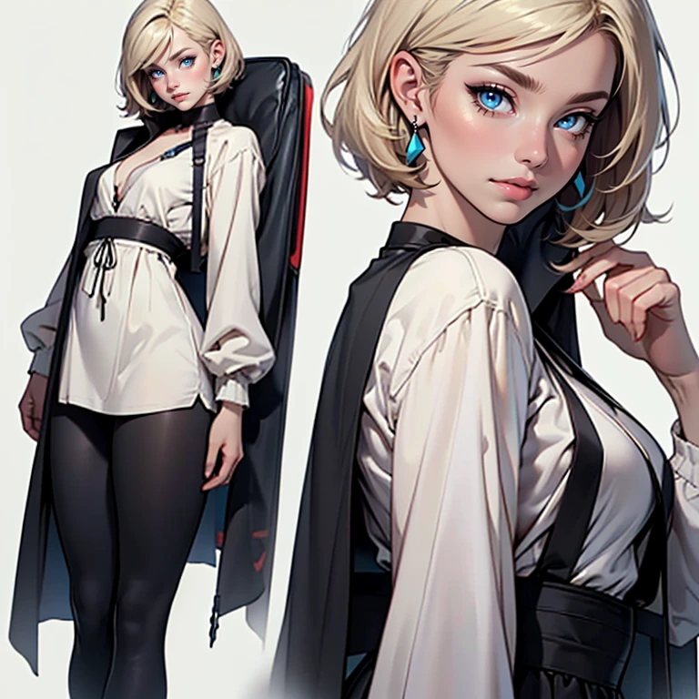((masterpiece)), (((best quality))), 1 female, pale white skin, very light blonde hair, short hair, bob hair style, beautiful woman, blue eyes, simple earrings, beautiful casual dress, leggings, small breasts, full body, detailed face, highest quality, highly detailed, original, high resolution CG Unit 8k wallpaper, (best quality, artwork, masterpiece, 4k)