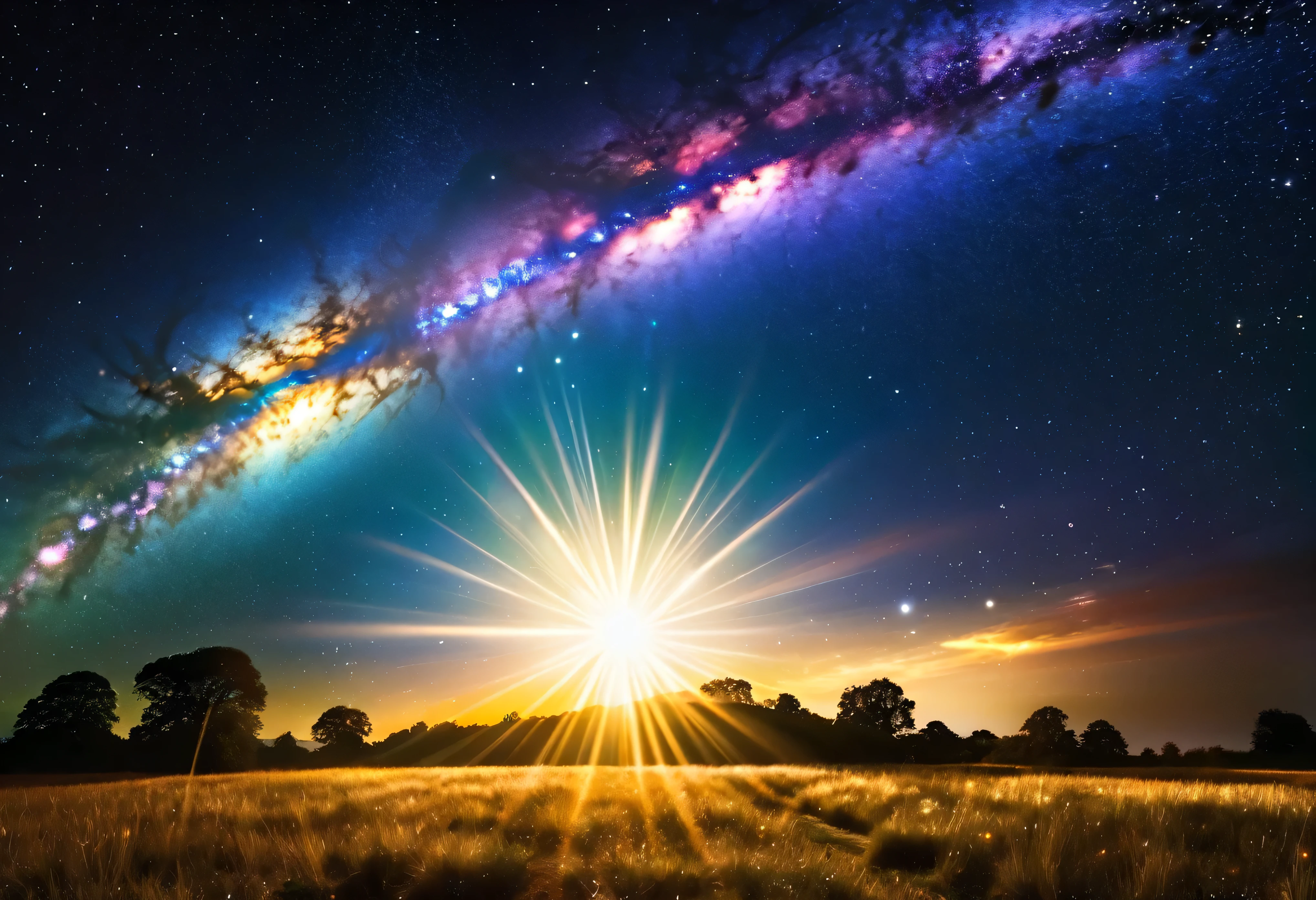 Vision of the Earth, milky way visible exploding sun, the auras and shockwaves spreading across the sky, their sparkles look like angels coming out of the sun.