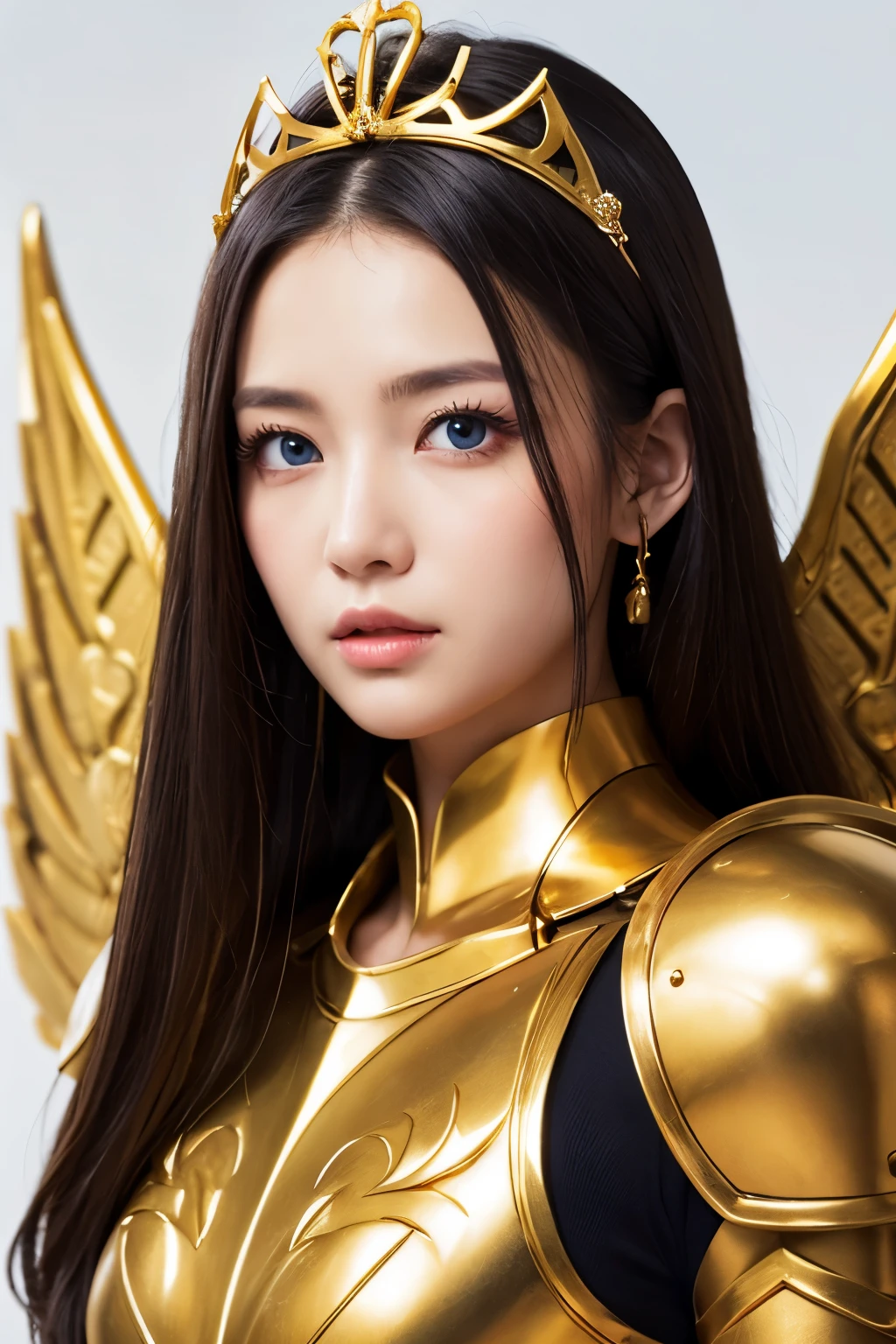 Ultra-clear、Ultra HD、Beautiful Face、prick々Holy warrior in beautiful golden armor、Golden Wings、Golden Tiara、Armor with a heavy feel、blue eyes、