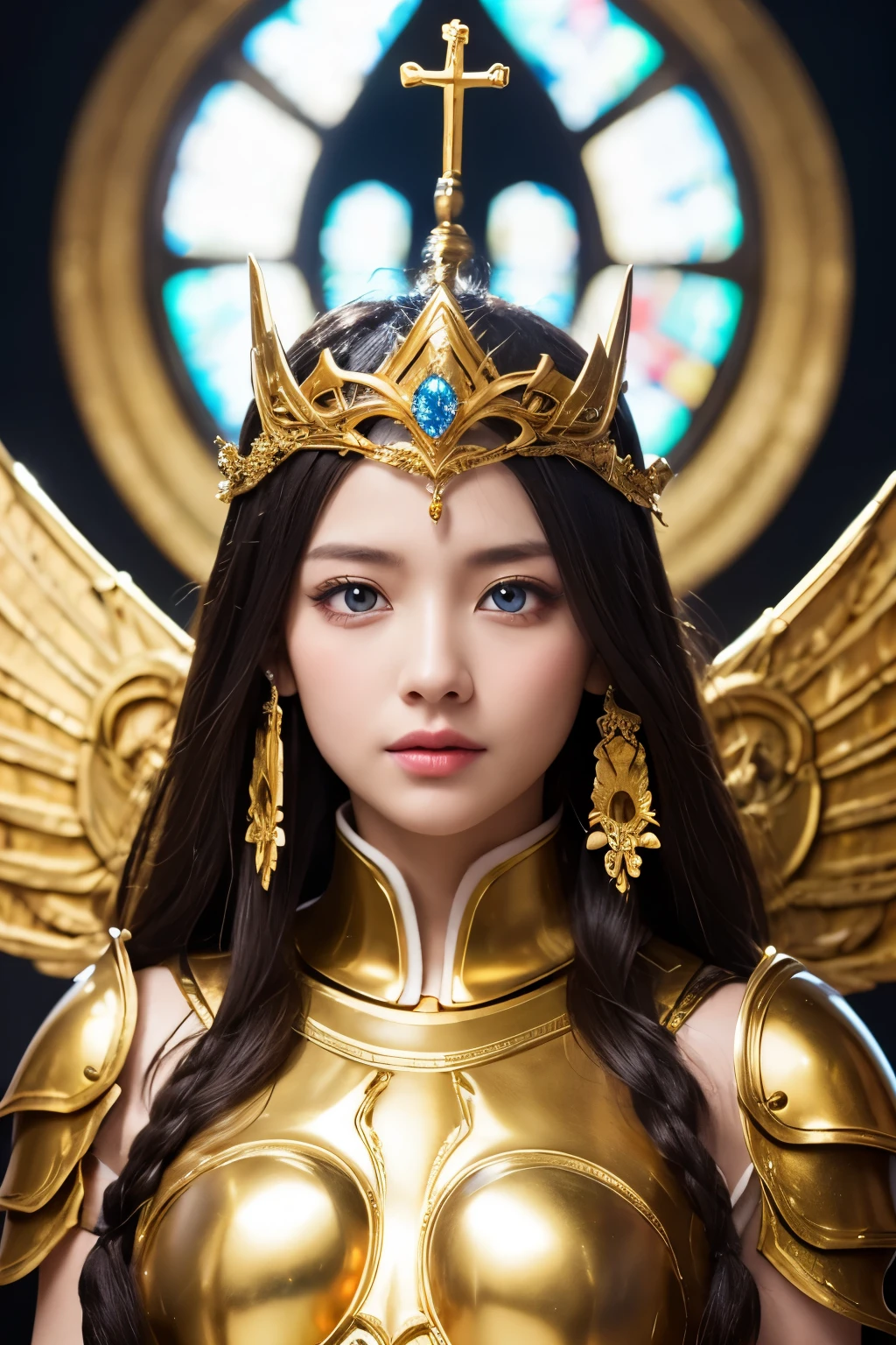 Ultra-clear、Ultra HD、Beautiful Face、prick々Holy warrior in beautiful golden armor、Golden Wings、Golden Tiara、Armor with a heavy feel、blue eyes、