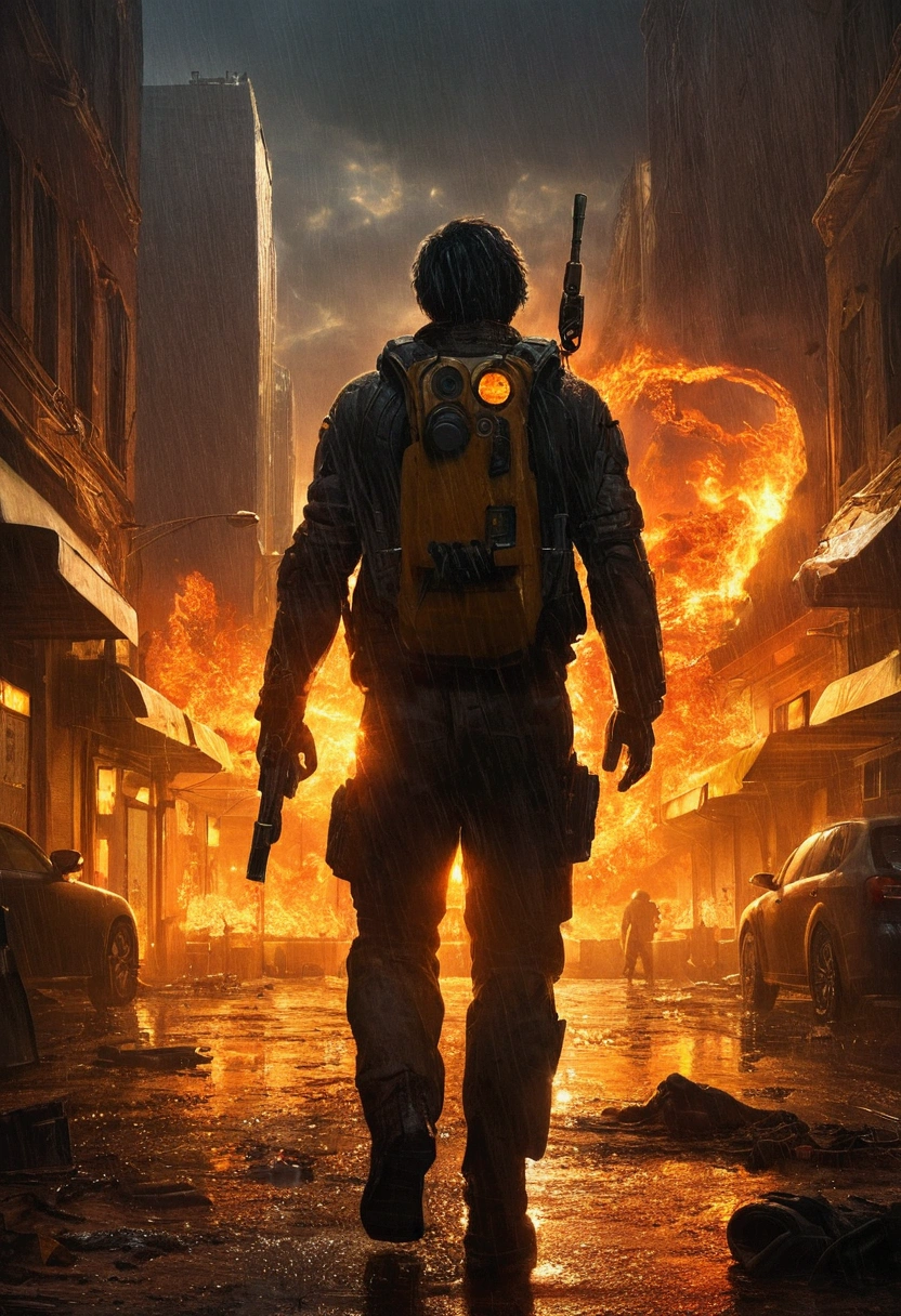 ((best qualityer))) ，Masterpiece artwork，8k， A city，humans in panic，A sun is on fire in the distance，dense smoke，rays of sunshine but a dark night, with rain, Various pieces of gear scattered around the scene