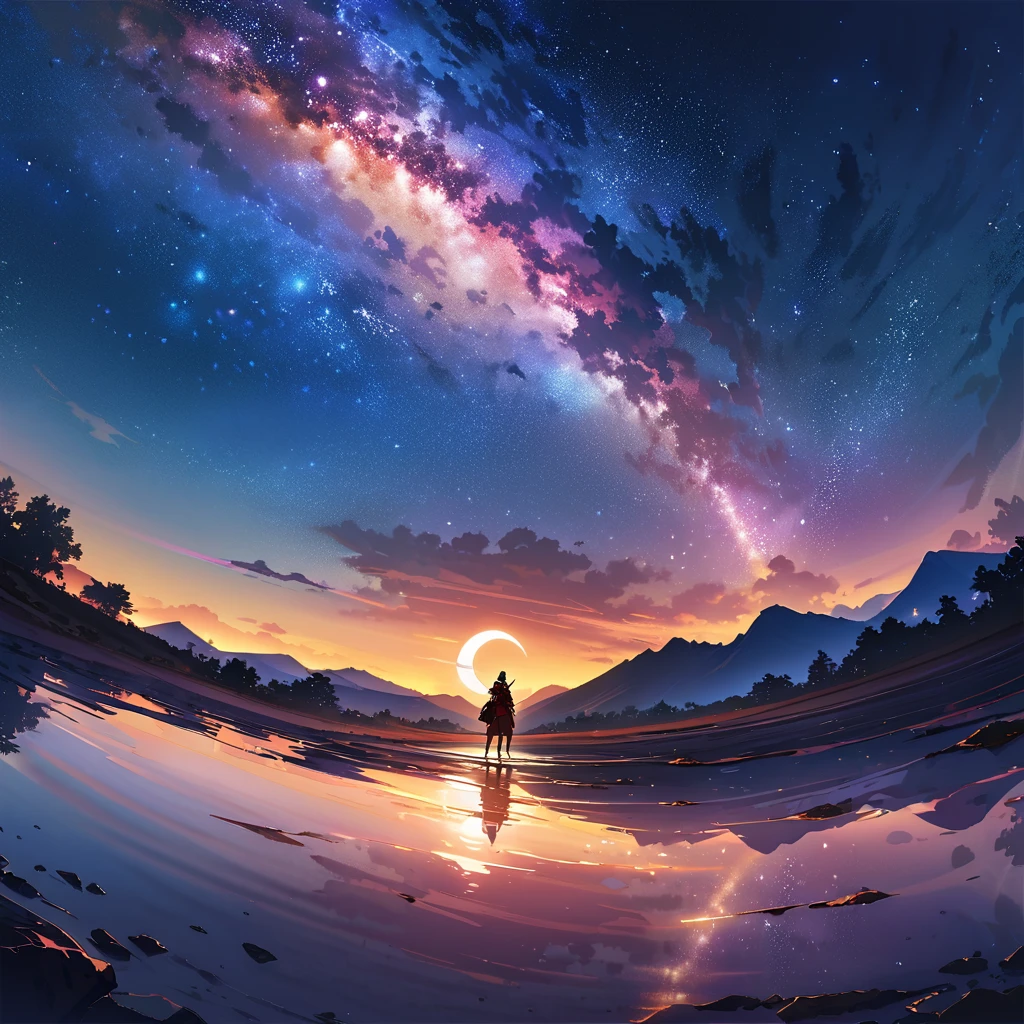 Crescent Moon,Official Art, Integrated 8K wallpapers, Very detailed, masterpiece, Best image quality,Ultra Wide Angle,night,male,samurai,Standing by the salt lake,The water is like a mirror,Reflecting the sky,Look up at the sky,The Milky Way is in the sky,Dynamic Angle, Grace, Bright colors
