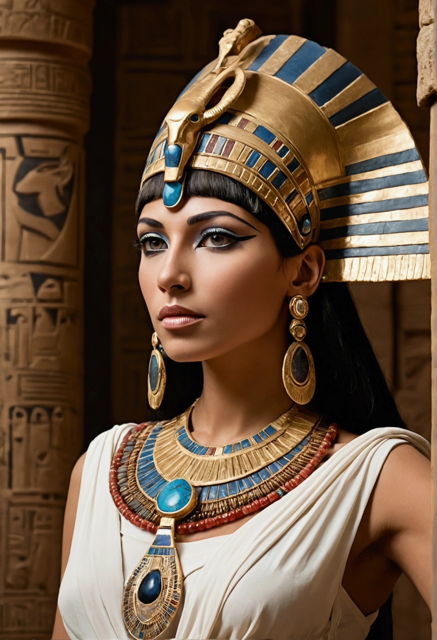 Cleopatra portrayed as a timeless beauty in a regal pose, wearing a traditional Egyptian headdress and jewelry, set against an artistic and mystical backdrop."