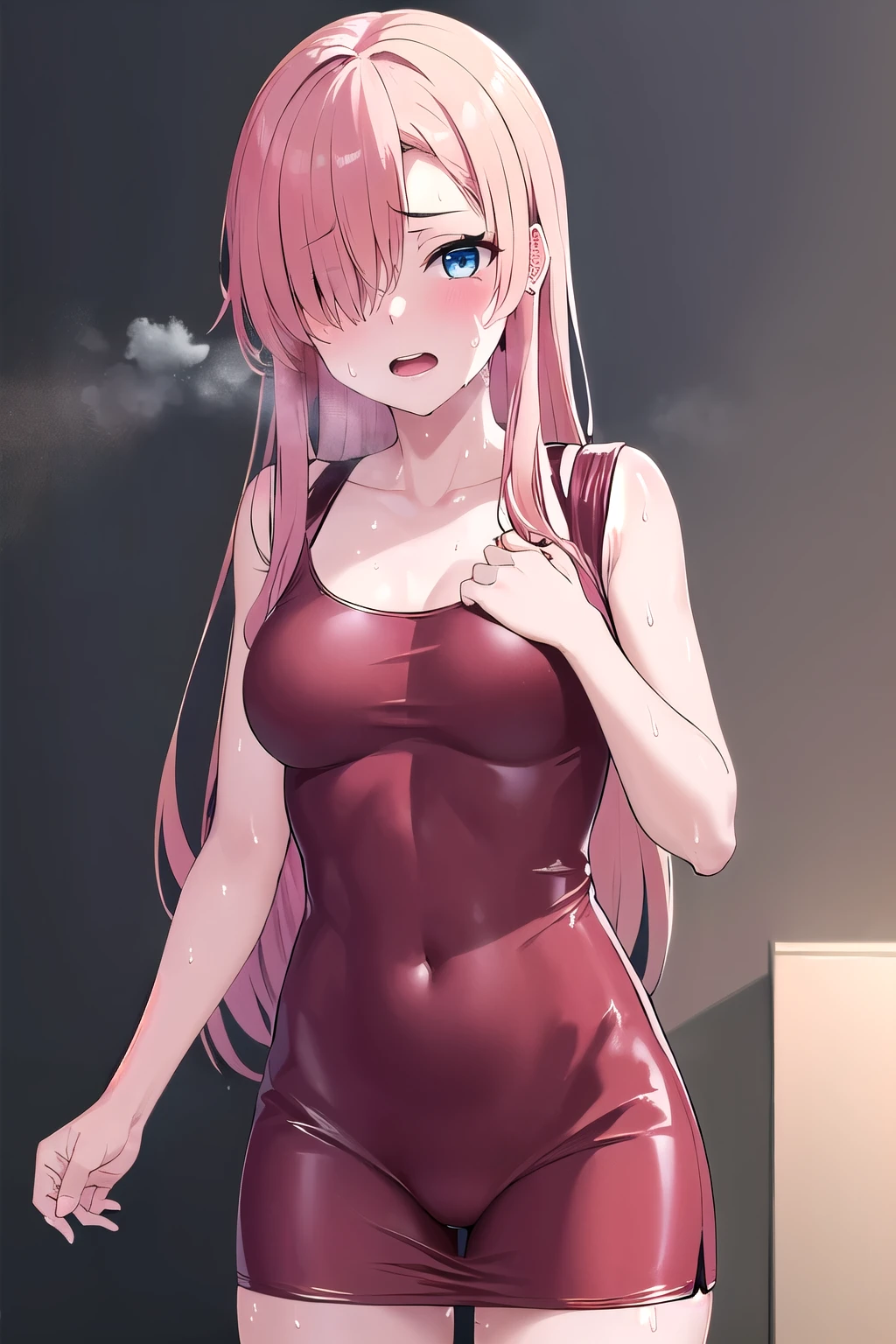 (highres), (absurdres), (best quality), (high quality), (masterpiece), 1girl, asuna, blue eyes, long hair, hair over one eye, very long hair, light pink hair, (medium breasts), beautiful black latex dress, looking at viewer, 8K HD RTX, (looking at viewer, standing at attention, cowboy shot), BRAKE (sweat:1.5), (steam:1.2), (masturbation:1.2), (girl trembling with sexual climax:1.1), (looking at viewer:1.3), (open mouth:1.2)