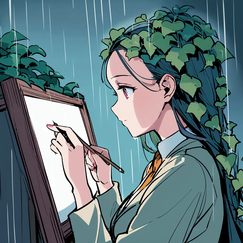 Woman drawing a picture, growing ivy, rain