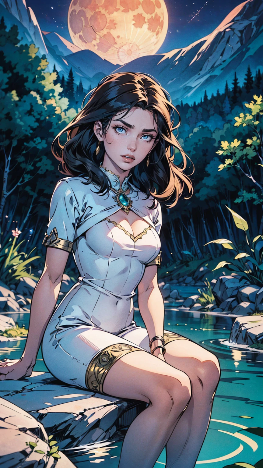 A stunningly beautiful woman, her ethereal features radiating an aura of tranquility, is seated in a serene pose for meditation by the tranquil river. The moon in its full glory casts a soft, luminescent glow upon her, illuminating her features in a manner reminiscent of a Lumitronic effect. The river's surface, shimmering with reflections of the moonlight, appears as if it's been meticulously detailed to the last ripple, showcasing Julie Dillon's signature style. The Zentangle Effect, with its intricate patterns, is subtly incorporated into the rocks and foliage surrounding the woman, further adding to