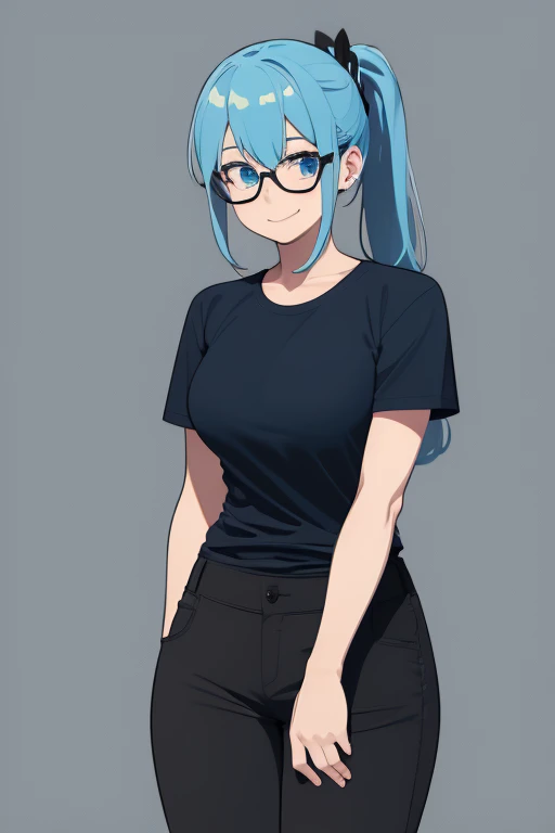 cute girl , shy, Ponytail hairstyle, light blue hair glasses, medium breasts, medium hips and with a smile that gives peace and tranquility, pants color negro, Short black T-shirt with drawing of a blue fire , background a dining room 