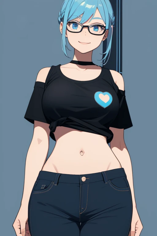 cute girl , shy, Ponytail hairstyle, light blue hair glasses, medium breasts, medium hips and with a smile that gives peace and tranquility, pants color negro, Short black T-shirt with drawing of a blue fire , background a dining room