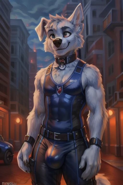 detailed fluffy fur texture, impasto impressionism, (by foxovh, ross tran, michael garmash, pino daeni, iskra), detailed eyes, highly detailed pupils, solo, furry, anthro, rocky-pp, domestic dog, male, blue eyes, white fur, white body, fur body, fully clothed, detailed fluffy fur texture, curvy, wide hips, inner fluff ears, from front, standing, blue short latex Underwear , Outside background, night, 1boy, smile, Huge bulge, His 50ft tall, His Gigantic size, WereWolf