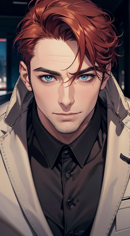 (best quality,4k,8k,highres,masterpiece:1.2),ultra-detailed,(realistic,photorealistic,photo-realistic:1.37),1 man,31 years old,mature man,very handsome,without expression,smile,short grey red hair,blue eyes,penetrating gaze,perfect face without errors,imposing posture,businessman,office background,cinematic lighting,hdr image