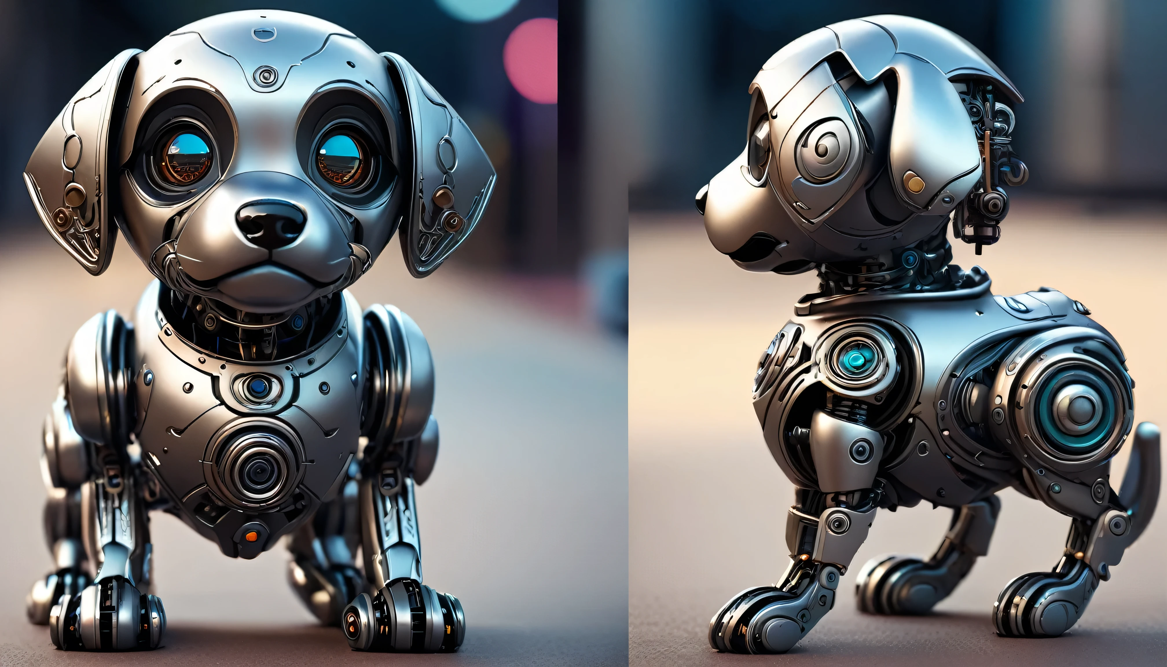 Cute metal puppy, robot, Cyberpunk Style, ((Intricate details)), High resolution, ((Intricate details, Very detailed)), Cinematic shots, Vignette  