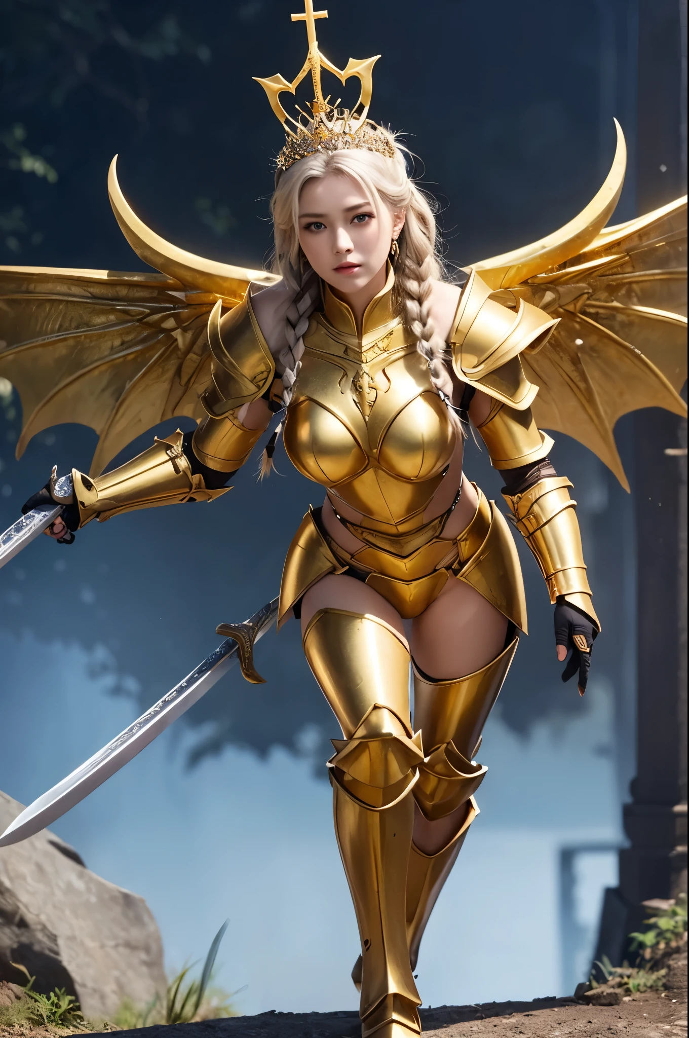 Ultra HD、Ultra-clear、Beautiful Face、prick々Holy warrior in beautiful golden armor、Golden Wings、Golden Tiara、Full body golden armor、Dragon scale armor、Heavy golden armor、blue eyes、Silver Hair、Braided Hair、Big Breasts、Big Great Sword、