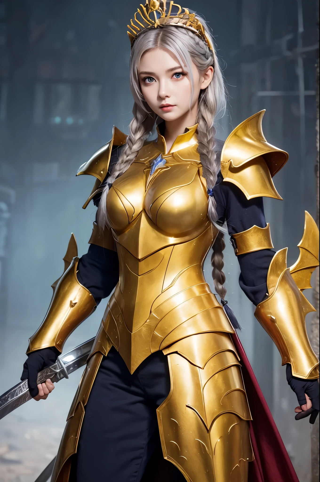 Ultra HD、Ultra-clear、Beautiful Face、prick々Holy warrior in beautiful golden armor、Golden Wings、Golden Tiara、Full body golden armor、Dragon scale armor、Heavy golden armor、blue eyes、Silver Hair、Braided Hair、Big Breasts、Big Great Sword、