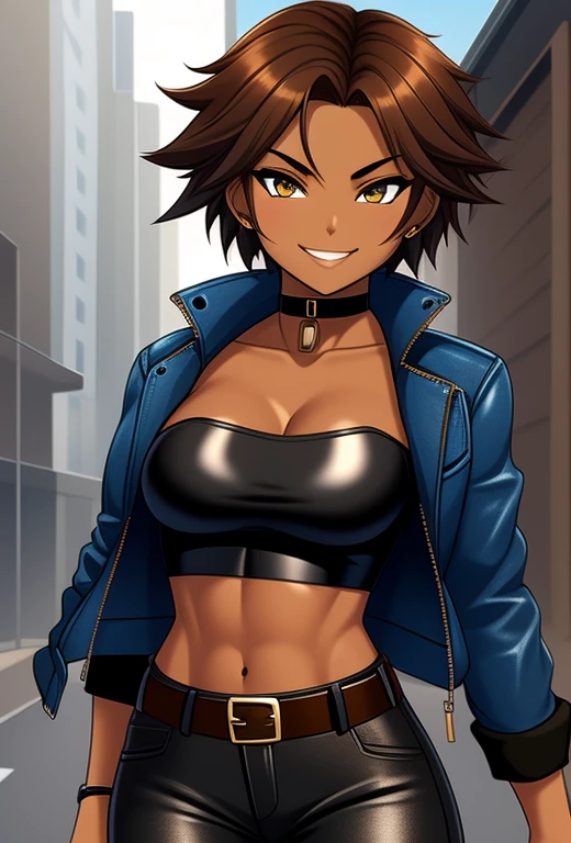 high quality, extremely detailed, perfect face, 1girl, solo, tomboy, (shiny skin), midriff, (tan-bronze skin), (Amber colored irises), short brown hair, medium breasts, (Cleavage), narrow waist, (Wearing: blue jacket, choker, Strapless black top, Belt, Black leather pants), ahoge, piercings, toned, smug smile, carefree expression
