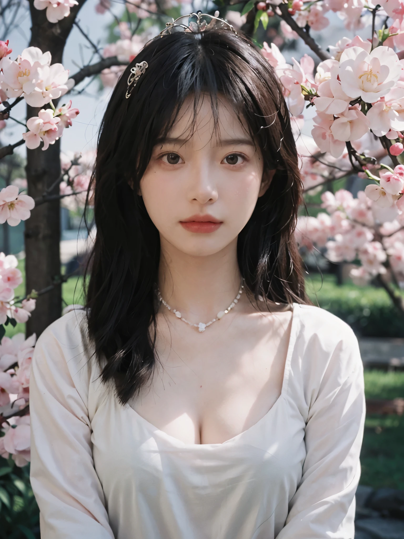 best quality, ultra high resolution, (realistically:1.4), Cute tiara,Baoyu Girl, A pair of clear and charming peach blossom eyes,Royal sister,The sun shines on the face,Double tail,(in the cherry blossom tree:1.4),(necklace:1.2),(White skin:1.4),(Full body female love:1.2)a sense of atmosphere,a beautiful girl,Looking directly at the viewer, Close-up cleavage ,(lifelike:1.4),2 girls,Sexy,(Upper body:1.4),(wet),(:1.2)