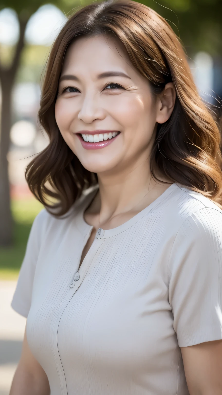 最high quality, In 8K, whole body, Real, Sharp focus, high quality, High resolution, Detailed face, Detailed eyes, Thick lips, (Look at the viewers), alone, Middle-aged women, , 60 years old, , Wavy Hair, , Wearing short sleeves, Standing in the park, Wrinkles around the eyes, Smiling with teeth showing