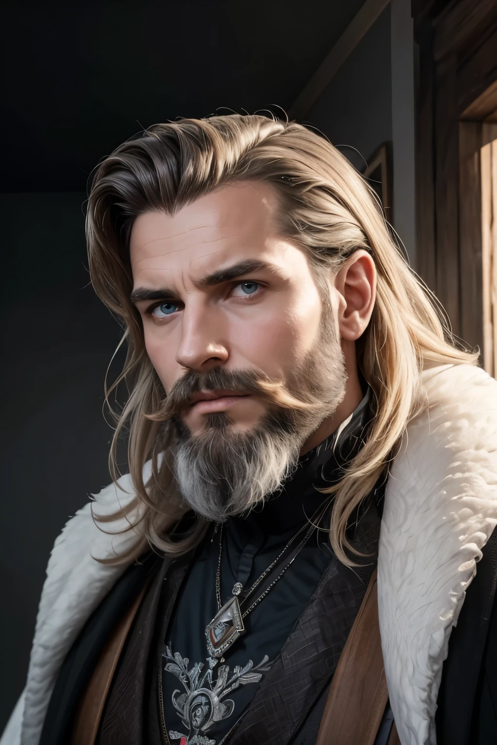 Créez une photographie très réelle de style studio professionnel de face regardant la camera mettant en vedette un papa (8k, Haute définition, Haute qualité, très détaillé) Beau Grec yeux bleu très claire. cheveux gris et blanc. Éclairage dramatique. barbe grise et blanche pleinetres longue , barbe longue et bien fournis. moustache grise et blanche épaisse, hyperréalisme, un homme dans la cinquantaine, portrait demi-corps,Technique du clair-obscur en studio, Ultra réaliste et très détaillé. 8K HAUTE RÉSOLUTION HDR Très extrêmement réaliste Très détaillé Haute qualité; cheveux très réalistes, barbes très réalistes, cou épais très réaliste, lignes de cou très réalistes, Visage détaillé très réaliste, yeux très réalistes, yeux détaillés très réalistes, élèves très réalistes, élèves détaillés très réalistes, nez très réaliste, oreilles très réalistes, traits du visage très réalistes, peau détaillée très réaliste, minutieusement détaillé, Éclairage ambiant très réaliste, aucune déformation, trait facile réel