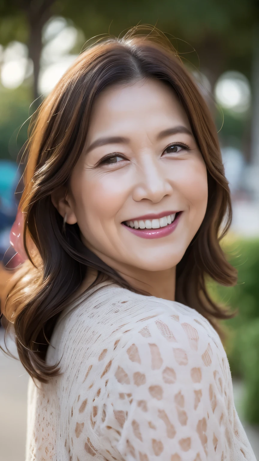最high quality, In 8K, whole body, Real, Sharp focus, high quality, High resolution, Detailed face, Detailed eyes, Thick lips, (Look at the viewers), alone, Middle-aged women, , 60 years old, , Wavy Hair, , Wearing short sleeves, Standing in the park, Wrinkles around the eyes, Smiling with teeth showing