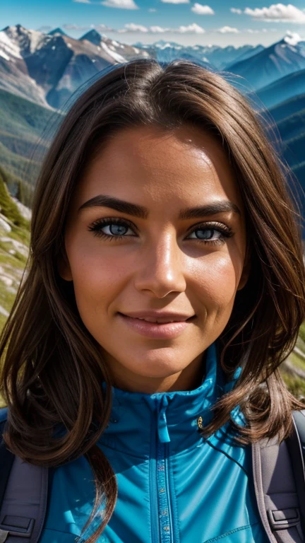 
lhr piercing eyes, looking straight, very happy,  retrato em close, vibrant detailed face and body photo realistic high contrast mountain scenery hiking clothing natural light wind in hair scenic background.