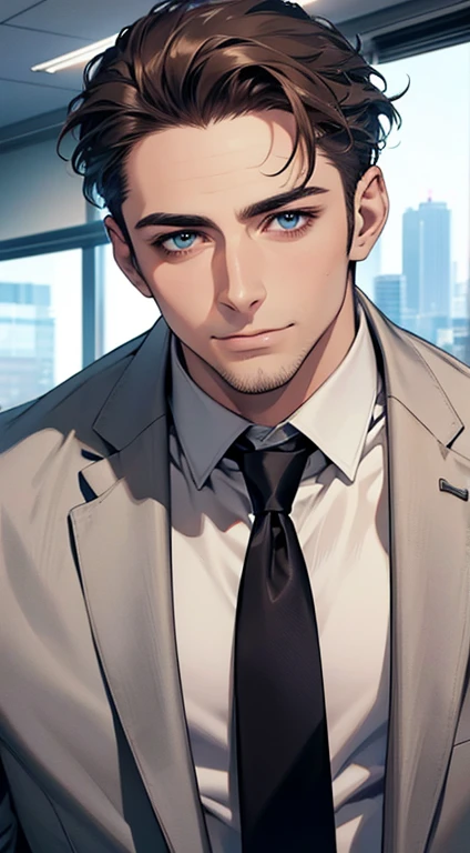 (best quality,4k,8k,highres,masterpiece:1.2),ultra-detailed,(realistic,photorealistic,photo-realistic:1.37),1 man,31 years old,mature man,very handsome,without expression,smile,short grey brown hair,blue eyes,penetrating gaze,perfect face without errors,imposing posture,businessman,office background,cinematic lighting,hdr image