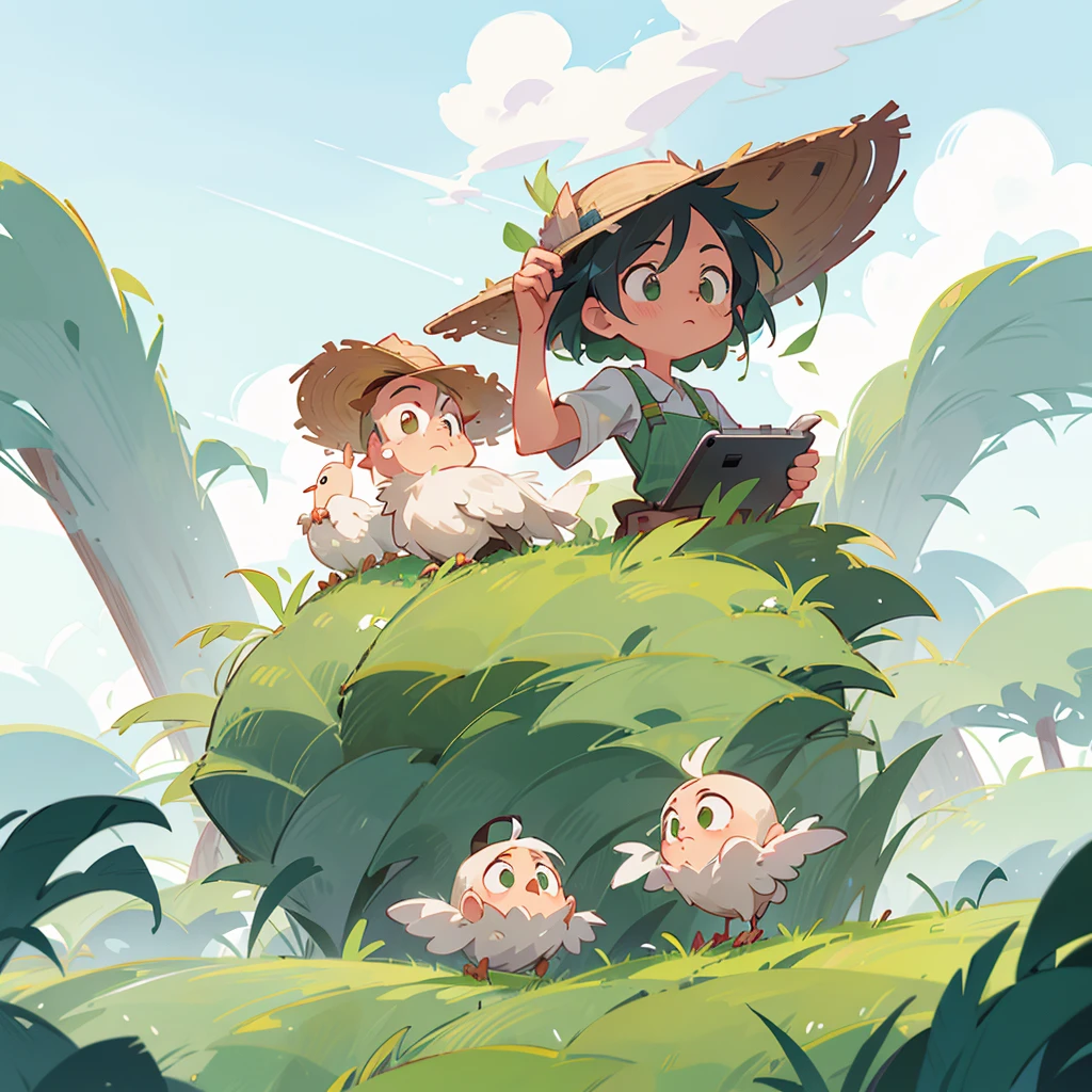 Green rice fields with flock of storks flying in the sky, a farmer uncle looking up at the sky, ((farmer uncle wearing engineer uniform)), wearing straw hat, Two hands holding an iPad, huge background, Beautiful sky with cloud