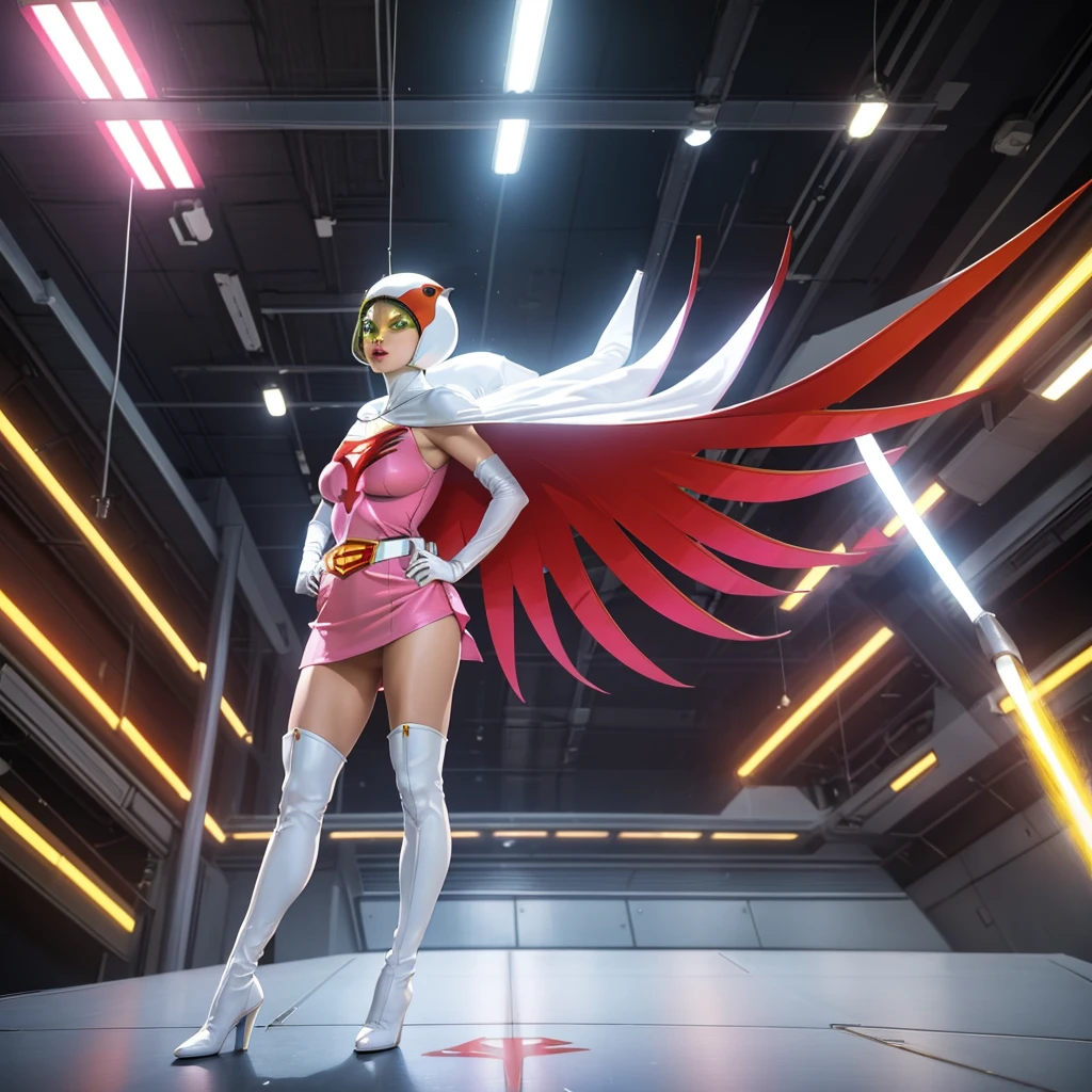 ANI_CLASSIC_jun_gatchaman_ownwaifu,1girl, ,good anatomy, masterpiece, best quality,realistic, hyperrealistic, 16k hdr,breasts,green eyes,lips,large breasts,lipstick,makeup,gloves,cape,helmet,belt,elbow gloves,white gloves,mask,ultra miniskirt,leotard,spacesuit,white tight overknee highheels boots,pink dress,superhero,bodysuit,cleavage,erected nipples,((stand pose,hands on hip,view from below)),cameltoe