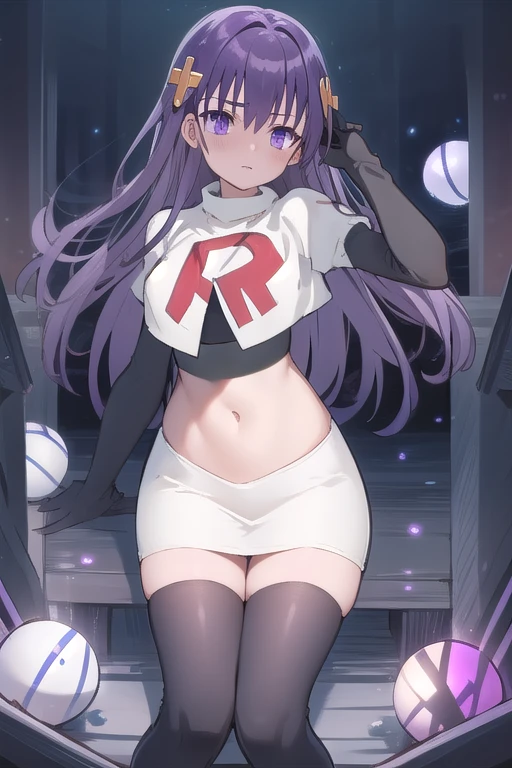 best quality, masterpiece, ElfinePhillet, purple hair, hair ornament, purple eyes, hair clover,scared, glowing magic orbs, team rocket,team rocket uniform,white skirt,red letter R,crop top,black thigh-highs,black elbow gloves
