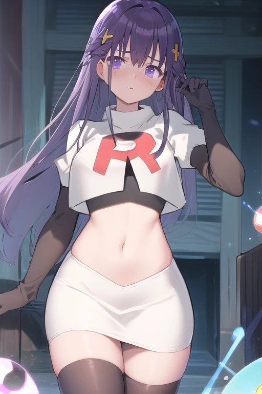 best quality, masterpiece, ElfinePhillet, purple hair, hair ornament, purple eyes, hair clover,scared, glowing magic orbs, team rocket,team rocket uniform,white skirt,red letter R,crop top,black thigh-highs,black elbow gloves