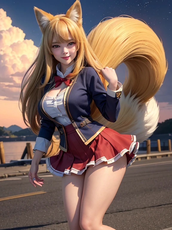 ((Highest quality, 8k)), ((masterpiece)), (Highest Resolution), Perfect Face, Fox Girl, high school girl, Beautiful woman, public, One tail, she has thick thighs, Big tail, She has a yellow fox tail., She wags her tail, smile, Fur collar, She is wearing a short skirt, Beautiful Hips , , The skirt is rolled up at her tail