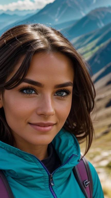 lhr piercing eyes, looking straight, very happy, retrato em close, vibrant detailed face and body photo realistic high contrast mountain scenery hiking clothing natural light wind in hair scenic background