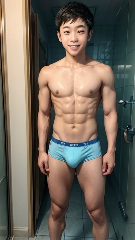 Japanese Boy, , Underdeveloped muscles and smooth skin, Relaxed and friendly smile, Wearing light blue boxer briefs, Head to toe full body shot, Posing in the bathroom, 