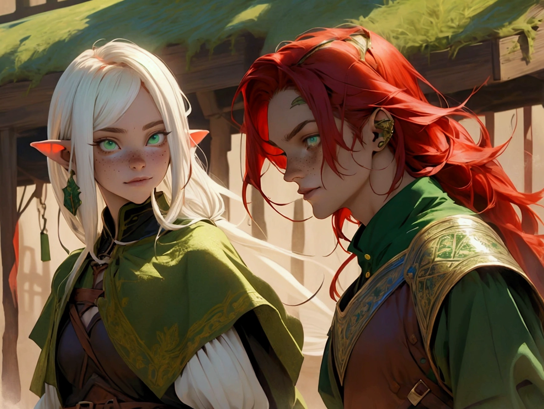 man, adult, young, long ears, red hair, green eyes, freckles, medieval fantasy