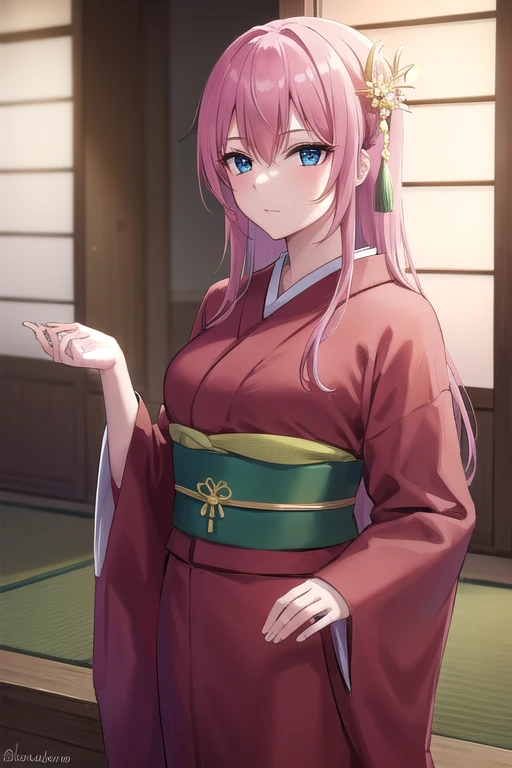 kayosudou, kayo sudou, blue eyes, pink hair, long hair, BREAK flower, flowes, green sash, hair ornament, japanese clothes, kimono, obi, red kimono, sash,
BREAK cowboy shot, looking at viewer,
BREAK indoors,
BREAK (masterpiece:1.2), best quality, high resolution, unity 8k wallpaper, (illustration:0.8), (beautiful detailed eyes:1.6), extremely detailed face, perfect lighting, extremely detailed CG, (perfect hands, perfect anatomy),