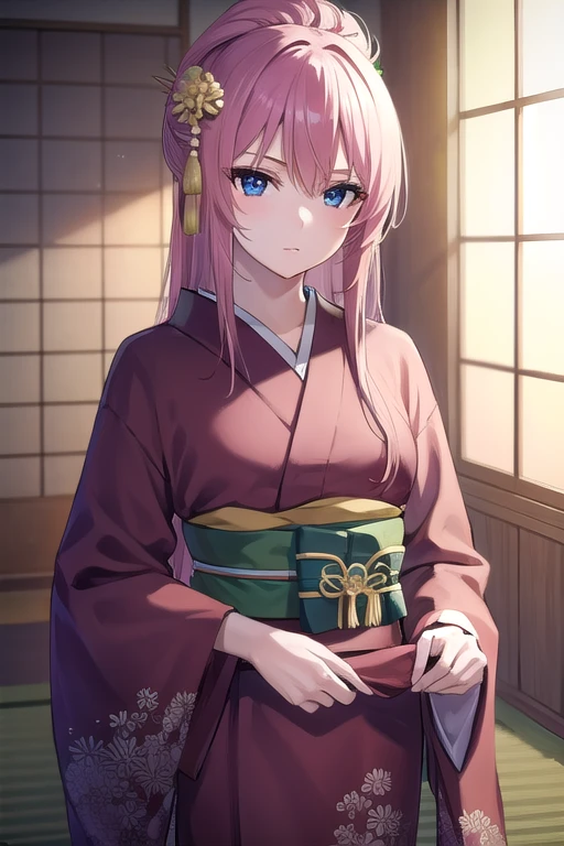 kayosudou, kayo sudou, blue eyes, pink hair, long hair, BREAK flower, flowes, green sash, hair ornament, japanese clothes, kimono, obi, red kimono, sash,
BREAK cowboy shot, looking at viewer,
BREAK indoors,
BREAK (masterpiece:1.2), best quality, high resolution, unity 8k wallpaper, (illustration:0.8), (beautiful detailed eyes:1.6), extremely detailed face, perfect lighting, extremely detailed CG, (perfect hands, perfect anatomy),