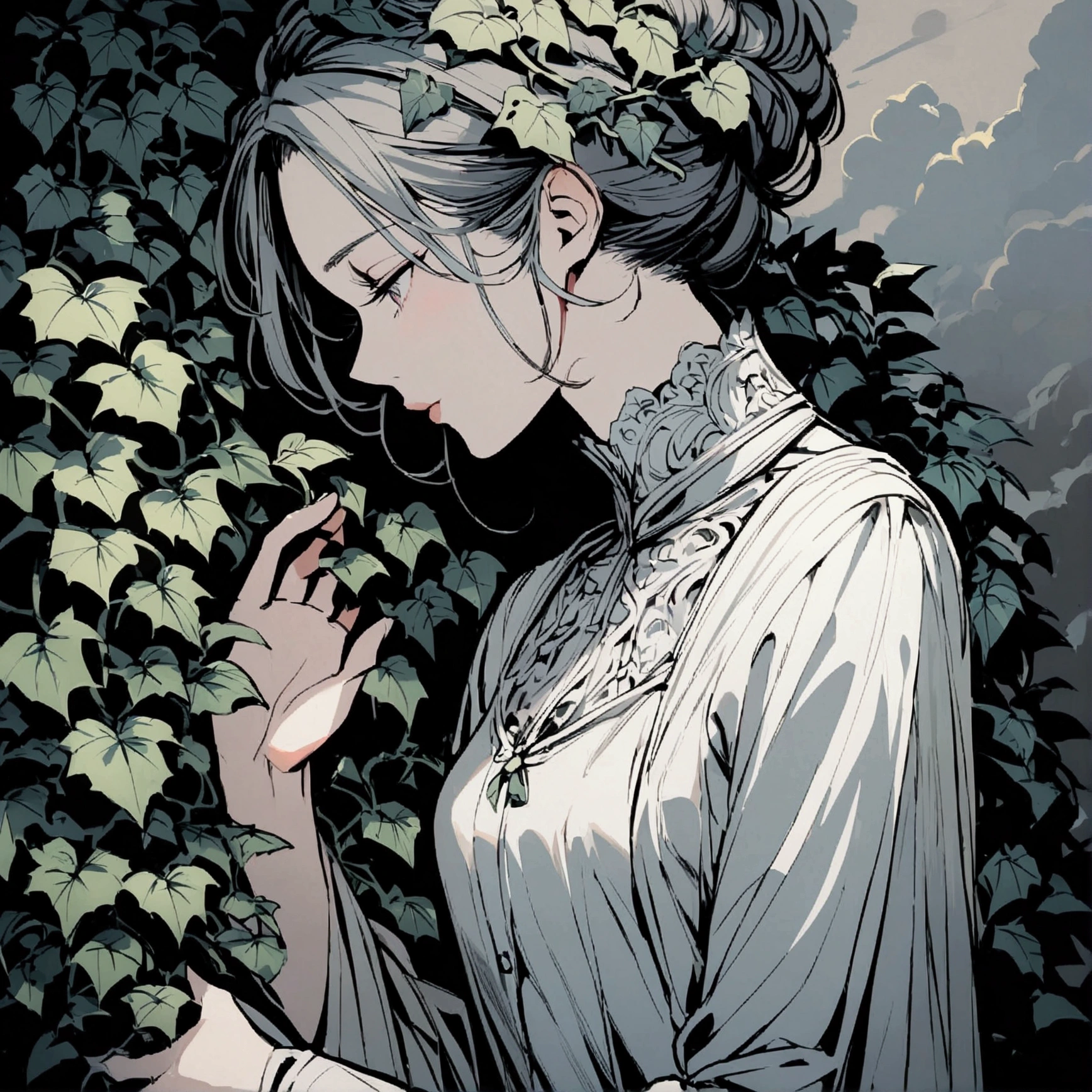 A woman painting indoors, growing ivy, cloudy sky