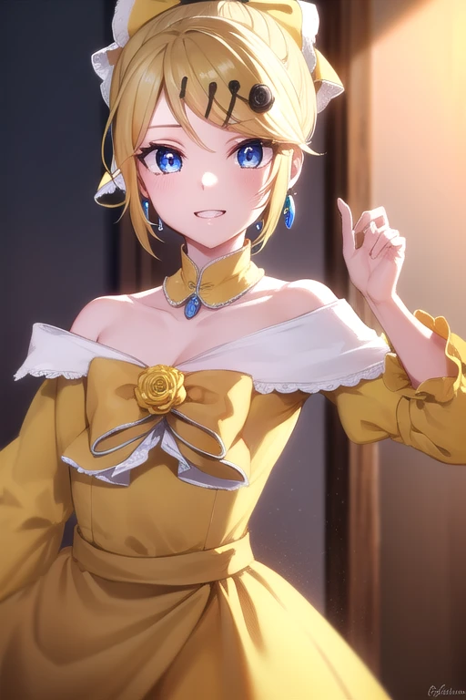 riliane, riliane, blonde hair, blue eyes, ponytail, short hair, parted bangs, smile, grin, BREAK bow, bracelet, dangle earrings, detached collar, dress, (yellow dress:1.5), dress bow, earrings, flower, flower brooch, frilled dress, frills, gown, hair bow, hair ornament, hairclip, jewelry, long sleeves, necklace, off shoulder, off-shoulder dress, pendant, sash, wide sleeves,
BREAK cowboy shot, looking at viewer,
BREAK indoors,
BREAK (masterpiece:1.2), best quality, high resolution, unity 8k wallpaper, (illustration:0.8), (beautiful detailed eyes:1.6), extremely detailed face, perfect lighting, extremely detailed CG, (perfect hands, perfect anatomy),