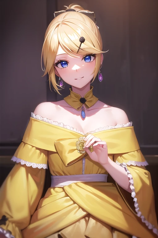 riliane, riliane, blonde hair, blue eyes, ponytail, short hair, parted bangs, smile, grin, BREAK bow, bracelet, dangle earrings, detached collar, dress, (yellow dress:1.5), dress bow, earrings, flower, flower brooch, frilled dress, frills, gown, hair bow, hair ornament, hairclip, jewelry, long sleeves, necklace, off shoulder, off-shoulder dress, pendant, sash, wide sleeves,
BREAK cowboy shot, looking at viewer,
BREAK indoors,
BREAK (masterpiece:1.2), best quality, high resolution, unity 8k wallpaper, (illustration:0.8), (beautiful detailed eyes:1.6), extremely detailed face, perfect lighting, extremely detailed CG, (perfect hands, perfect anatomy),