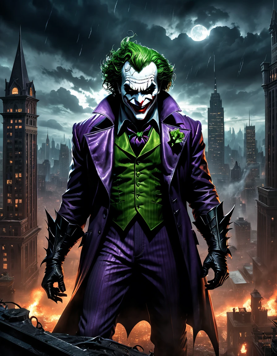 a captivating dark fantasy image of Raging Anger Spawned Undead Joker in the heart of Gotham City. The ominous sky, the dark glow, and the chaotic cityscape will come together to evoke a sense of otherworldly menace