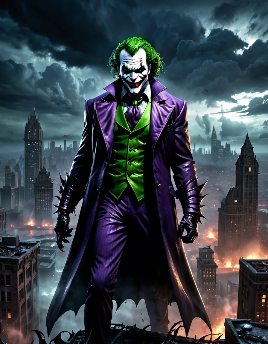 a captivating dark fantasy image of Raging Anger Spawned Undead Joker in the heart of Gotham City. The ominous sky, the dark glow, and the chaotic cityscape will come together to evoke a sense of otherworldly menace