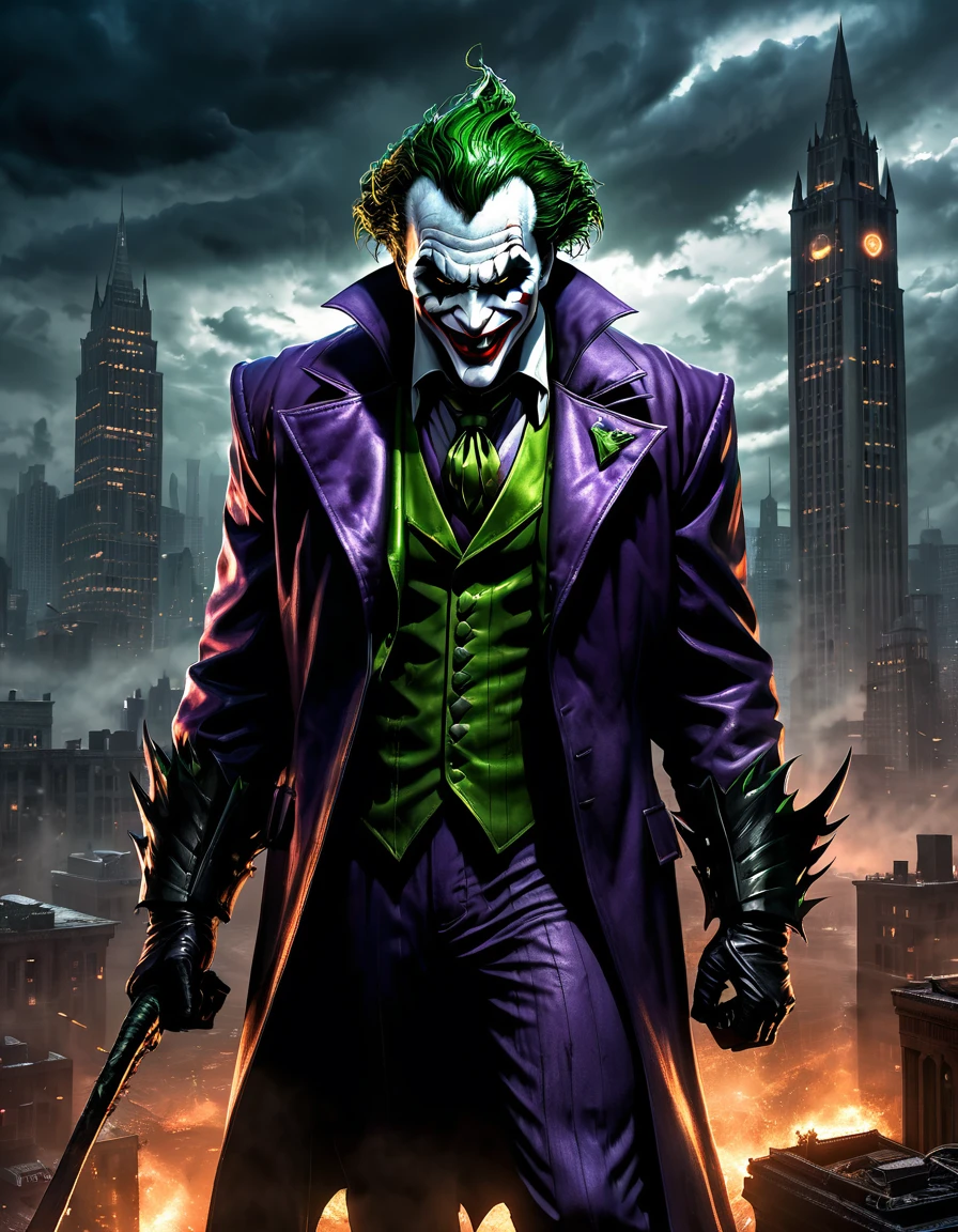 a captivating dark fantasy image of Raging Anger Spawned Undead Joker in the heart of Gotham City. The ominous sky, the dark glow, and the chaotic cityscape will come together to evoke a sense of otherworldly menace