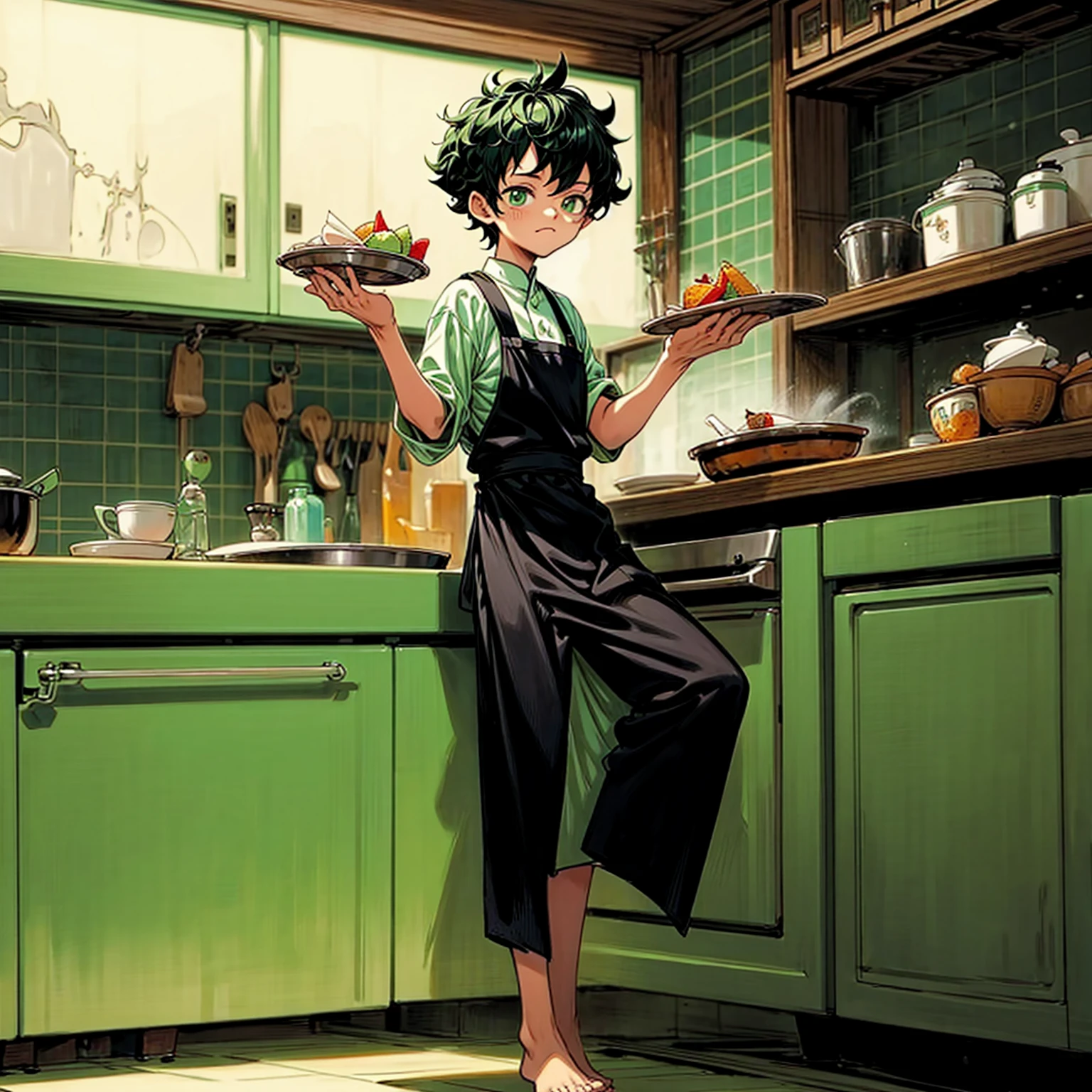 Solo character, full body version, ??? boy, his height is short, green eyes, green half black color hair, short Curly haircut, Chef outfit, black pants, no shoes, no shock, detailed background, indoor, town, kitchen, cooking gesture, bleach style art, His face looks like Ichigo