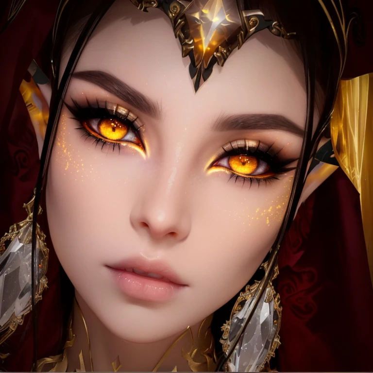 there is a woman with yellow eyes and a gold headpiece, glowing ember eyes, she has elf ears and gold eyes, crystal amber eyes, glowing magical eyes, focused amber eyes, (((mad))) elf princess, second life avatar, with glowing yellow eyes, magical glowing eyes, amber eyes, somber amber eyes, imvu, wlop glossy skin, glowing orange eyes