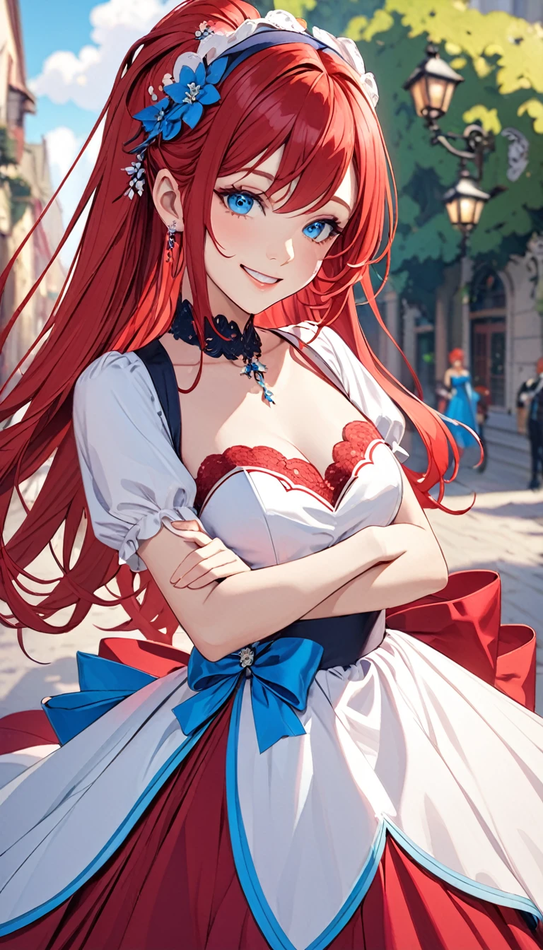 red hair , blue eyes, smile , dress red