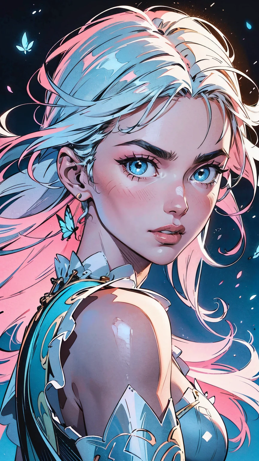 Generate a pretty and realistic fantasy artwork with bold jewel-toned ((((pink and blue)))) hues, pretty glitter and shimmer, and lots of snowflakes. Generate a luminous and woman with curly hair, metallic hair, and realistically textured hair. Her skin is pure white and seems to glow in the light. The woman's face is important: include ((soft, puffy, big lips, elegant features, and the most beautiful detailed macro eyes)) in the world. The woman is in a winter landscape with soft falling snow and snowflakes, soft white fur, subtle iridescent details, subtle phantasmal iridescent details, and intricate and delicate jewelry that glimmers in the light. Include many small fantasy details like gossamer silk, feathers, delicate and stunning embroidery, and luminous lighting that glimmers. The woman's face is unobscured by details and her eyes are sharp and in high resolution. Incorporate dreamy colors, dynamic lighting, and detailed background elements to create a sense of awe and immersion. Include colorful flying magical birds and jewel-toned butterflies radiating a magical aura. Consider the latest trends in fantasy art, such as incorporating unique lighting effects, exploring dynamic and compelling composition techniques, and experimenting with unique color palettes. Take inspiration from the top artists on ArtStation and Midjourney. Camera: Choose an angle that highlights the character's beauty and enhances the magical majesty of the artwork. Lighting: Utilize atmospheric lighting techniques to create depth and mood. Resolution: Aim for a high-resolution artwork to showcase intricate details and clarity. Art Inspirations: Seek inspiration from the trending artists on ArtStation, exploring different styles, genres, and themes. white skin, pale skin, really pale skin, really white skin, beautiful eyes, fantasy details, shimmer, glimmer, magical birds, magical butterflies, ornate, (((masterpiece))), add_detail:1, earth \(planet\),