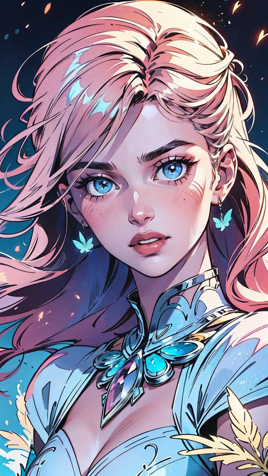 Generate a pretty and realistic fantasy artwork with bold jewel-toned ((((pink and blue)))) hues, pretty glitter and shimmer, and lots of snowflakes. Generate a luminous and  woman with curly hair, metallic hair, and realistically textured hair. Her skin is pure white and seems to glow in the light. The woman's face is important: include ((soft, puffy, big lips, elegant features, and the most beautiful detailed macro eyes)) in the world. The woman is in a winter landscape with soft falling snow and snowflakes, soft white fur, subtle iridescent details, subtle phantasmal iridescent details, and intricate and delicate jewelry that glimmers in the light. Include many small fantasy details like gossamer silk, feathers, delicate and stunning embroidery, and luminous lighting that glimmers. The woman's face is unobscured by details and her eyes are sharp and in high resolution. Incorporate dreamy colors, dynamic lighting, and detailed background elements to create a sense of awe and immersion. Include colorful flying magical birds and jewel-toned butterflies radiating a magical aura. Consider the latest trends in fantasy art, such as incorporating unique lighting effects, exploring dynamic and compelling composition techniques, and experimenting with unique color palettes. Take inspiration from the top artists on ArtStation and Midjourney. Camera: Choose an angle that highlights the character's beauty and enhances the magical majesty of the artwork. Lighting: Utilize atmospheric lighting techniques to create depth and mood. Resolution: Aim for a high-resolution artwork to showcase intricate details and clarity. Art Inspirations: Seek inspiration from the trending artists on ArtStation, exploring different styles, genres, and themes. white skin, pale skin, really pale skin, really white skin, beautiful eyes, fantasy details, shimmer, glimmer, magical birds, magical butterflies, ornate, (((masterpiece))), add_detail:1, earth \(planet\),